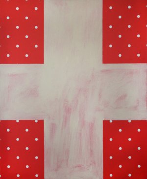 White Cross on a Red Polka-Dotted Background. Suprematism from Euroshop series. 2017